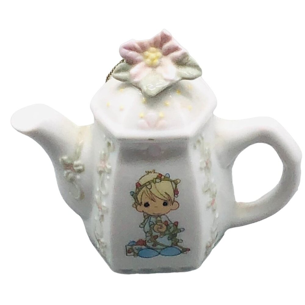 Precious Moments Holiday Christmas ornament of tea pot floral top 3.5x3.5" READ